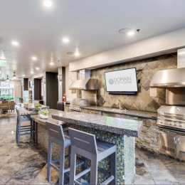 Access to resident-only features a community kitchen with seating grills and a tv
