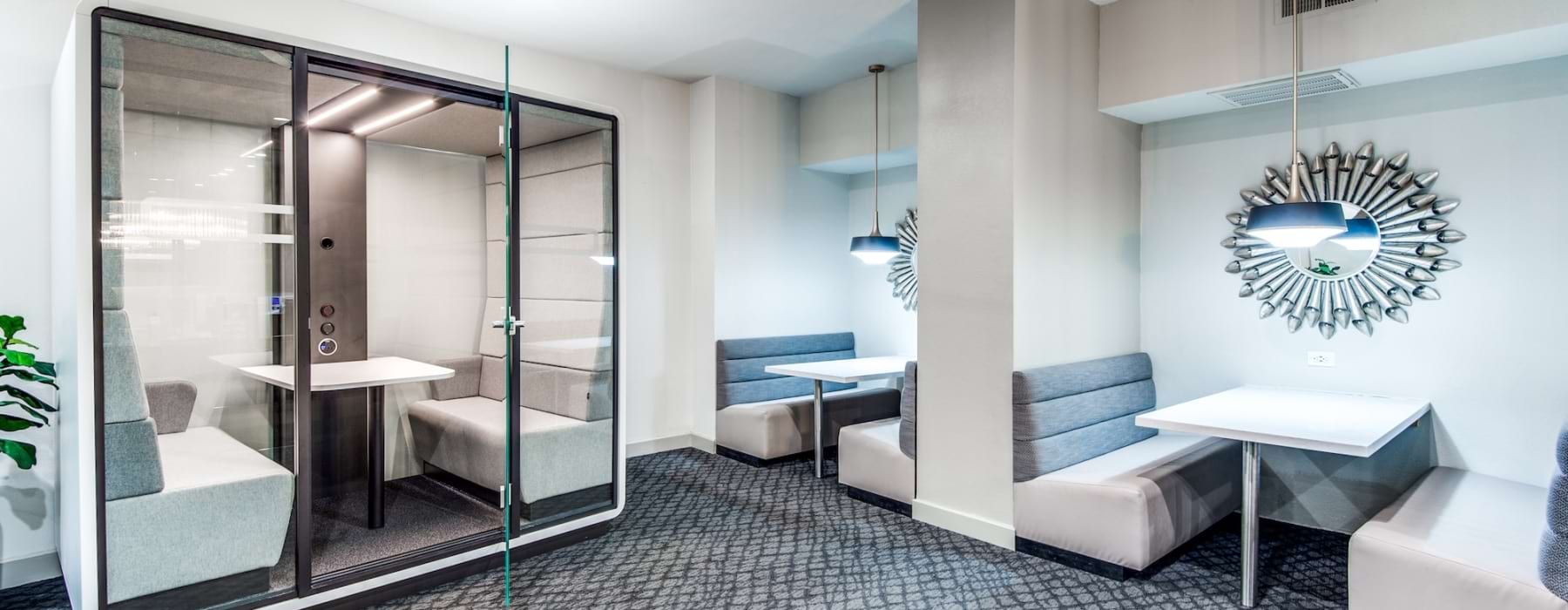 room with glass door and glass walls
